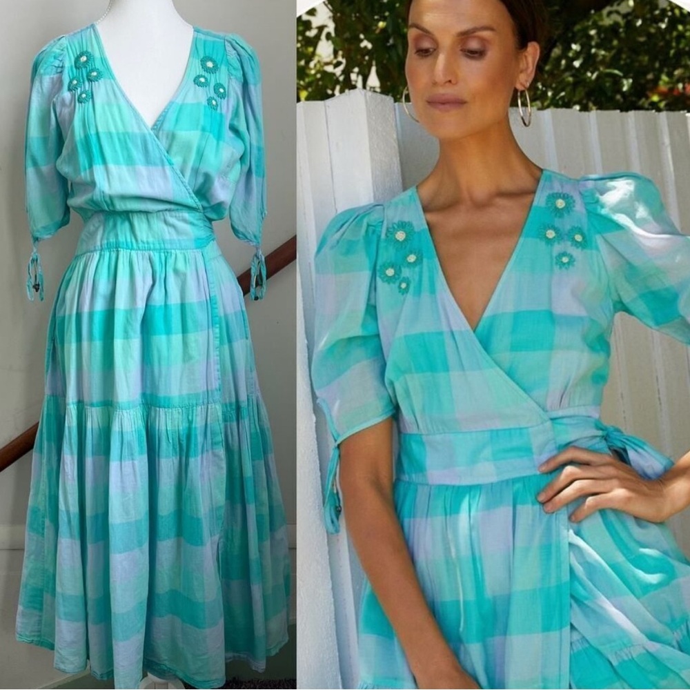 Kopal Anthropologie Midi Dress 100% Cotton Wrap Tiered Bohemian Teal Embroidery